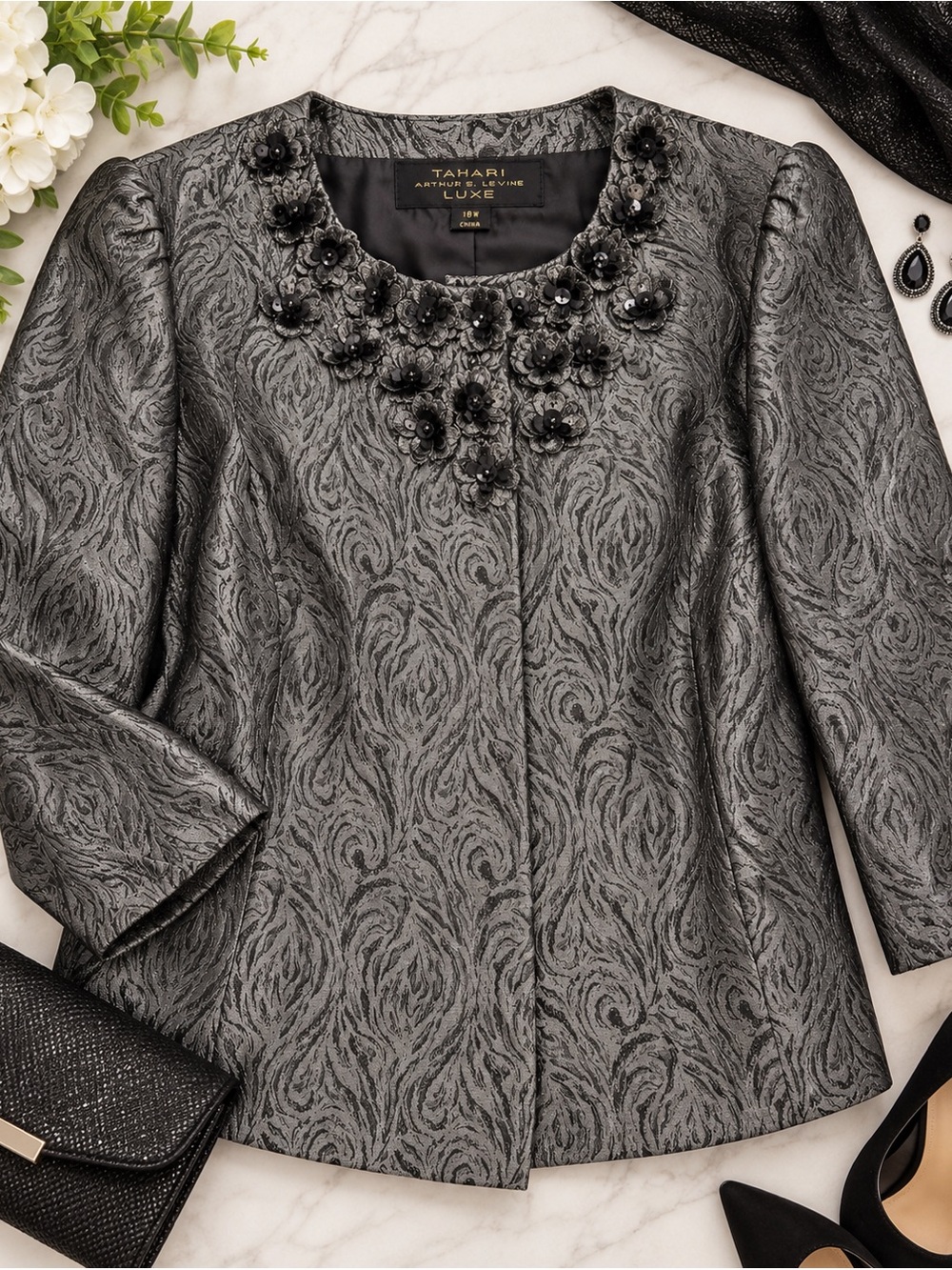 𝙏𝙖𝙝𝙖𝙧𝙞 𝘼𝙧𝙩𝙝𝙪𝙧 𝙎. 𝙇𝙚𝙫𝙞𝙣𝙚 𝙇𝙐𝙓𝙀 Jacket 18W Metallic Gray Jacquard Beaded Evening - Picture 4 of 13